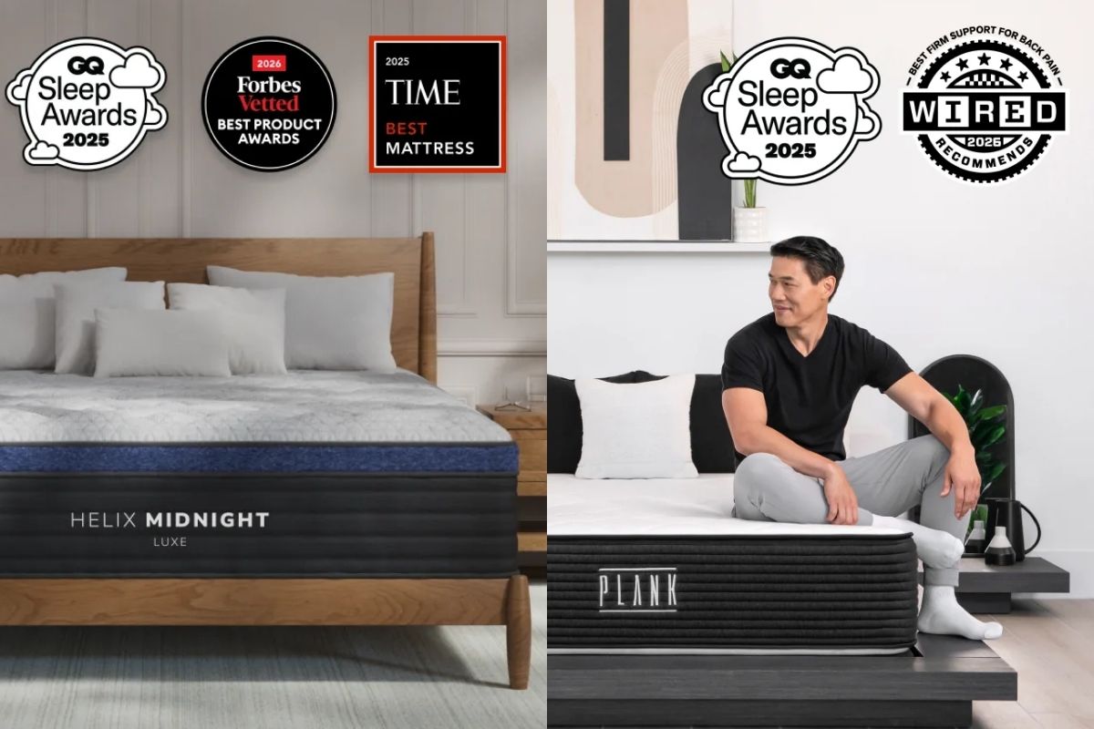 Side by side images of Helix Midnight Luxe and Plank Firm Luxe with their accolades.