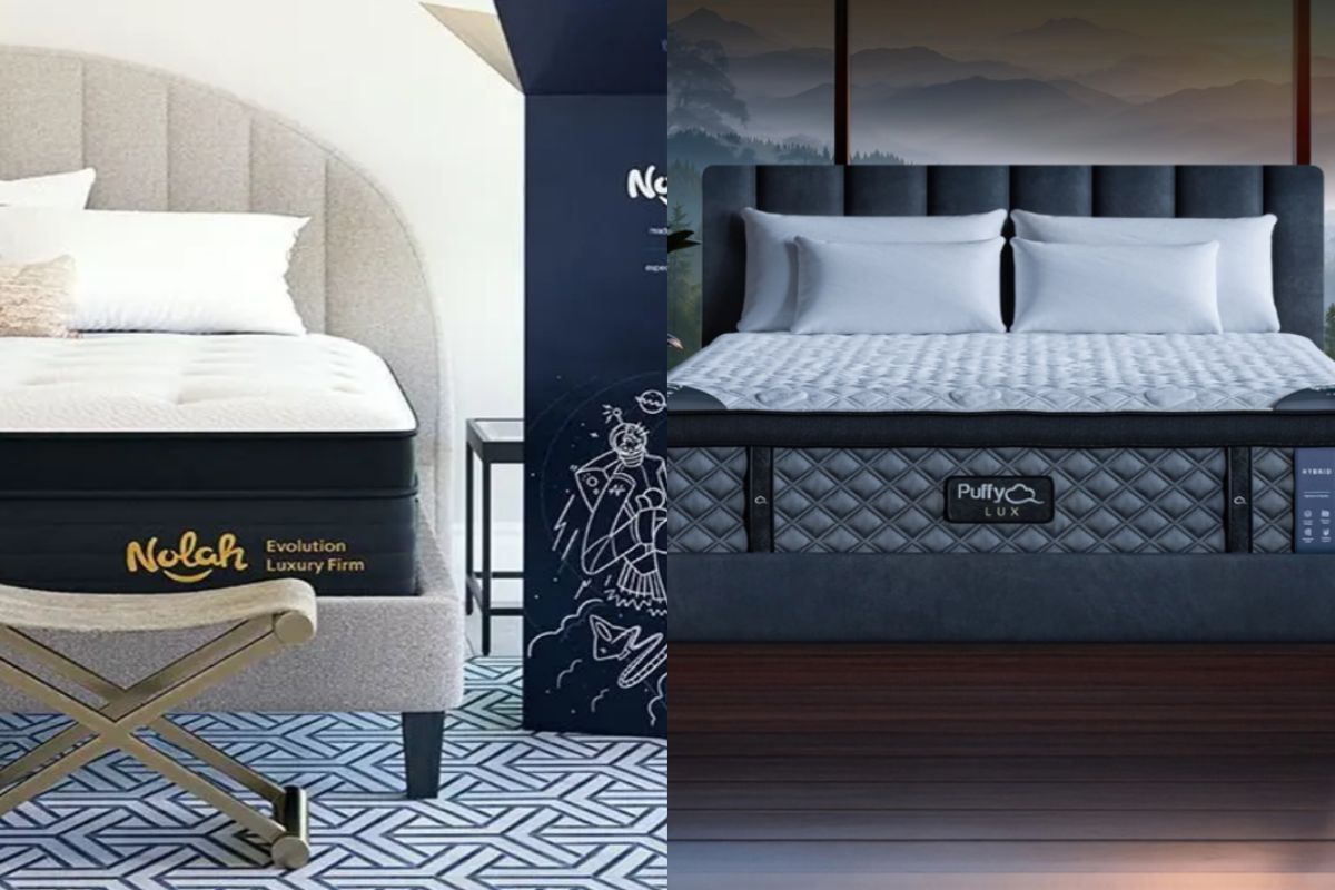Nolah Evolution 15 vs Puffy Lux mattress comparison showing both luxury hybrid mattresses side by side