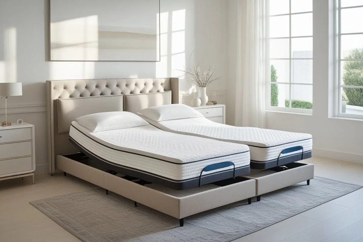 What Type of Mattress Is Best for Couples? Split adjustable bed with two mattresses, highlighting a mattress setup that allows couples to customize comfort and sleeping positions independently
