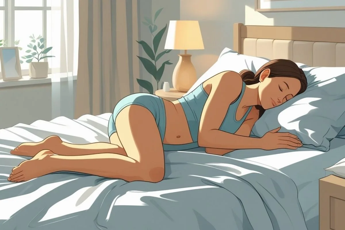 Woman resting in the fetal position, showing one of the best sleeping positions to ease period cramp pain