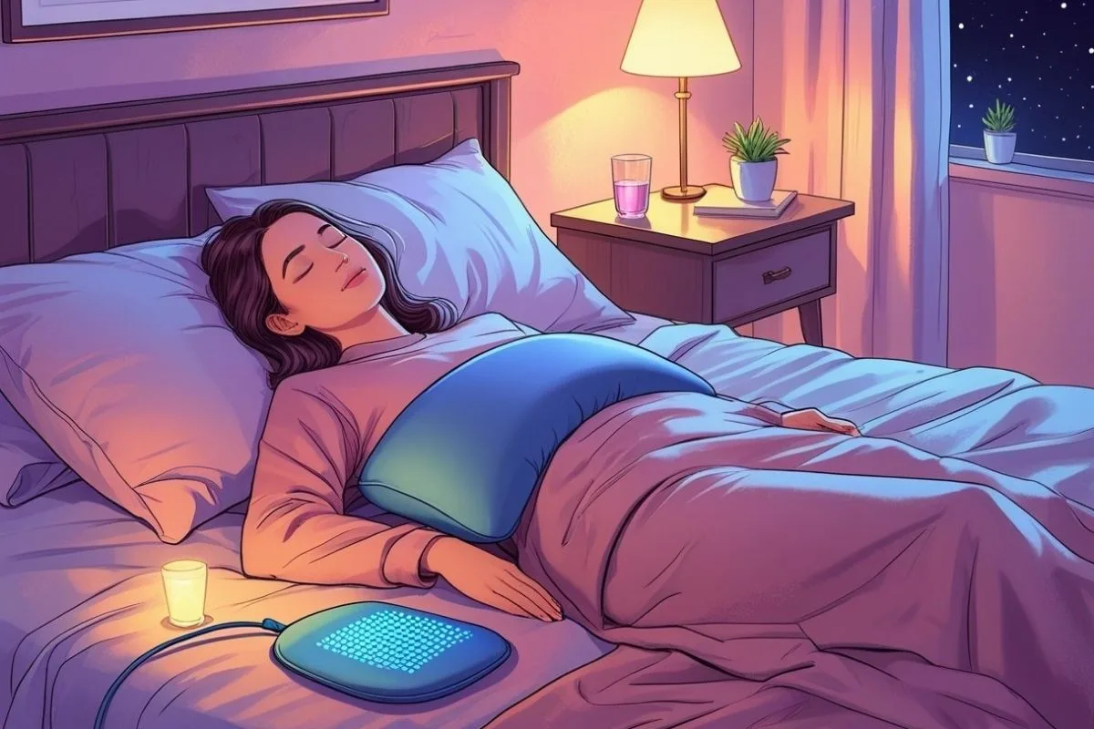 Person sleeping with a pillow supporting the abdomen and hips, demonstrating a posture that may help reduce menstrual discomfort