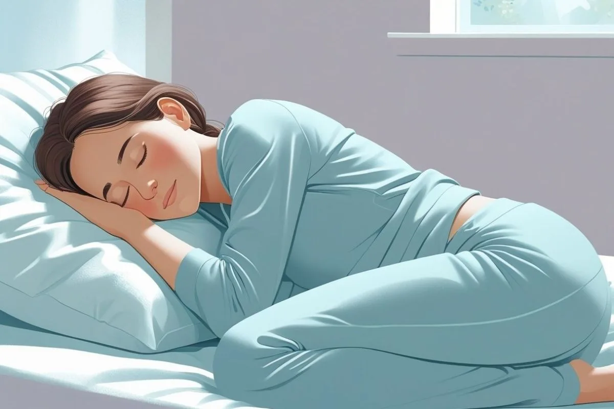 Woman sleeping comfortably on her side with proper body alignment, highlighting a supportive position for period cramp relief