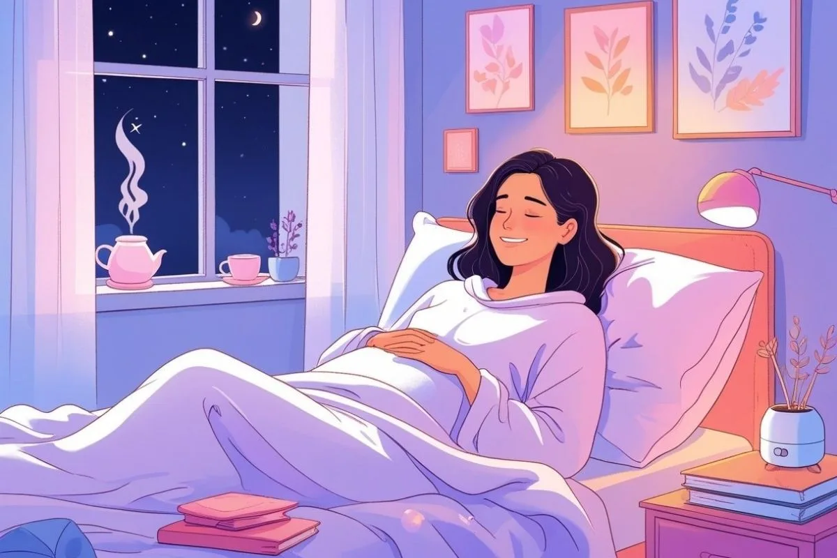 Woman resting comfortably in bed after creating a relaxing bedtime environment to help manage period cramps