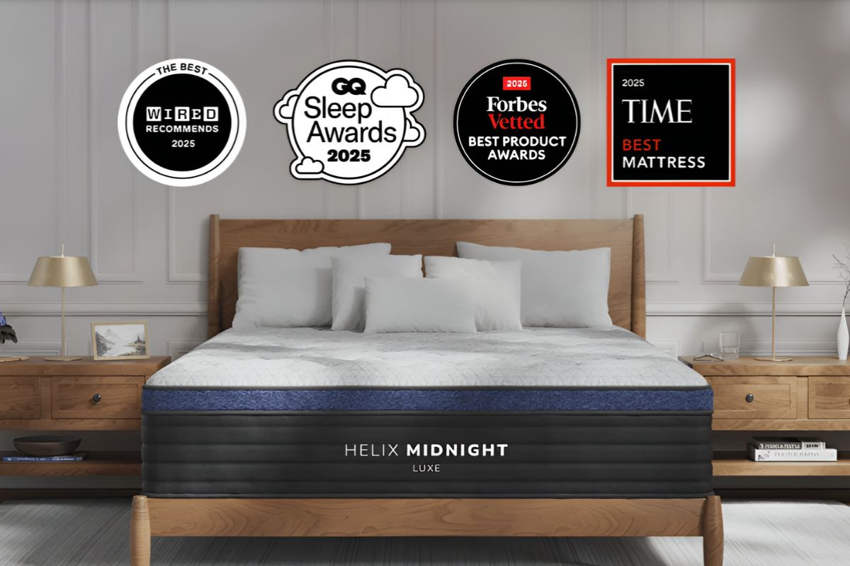 Award-winning Helix Midnight Luxe mattress recognized for comfort, pressure relief, and overall sleep quality