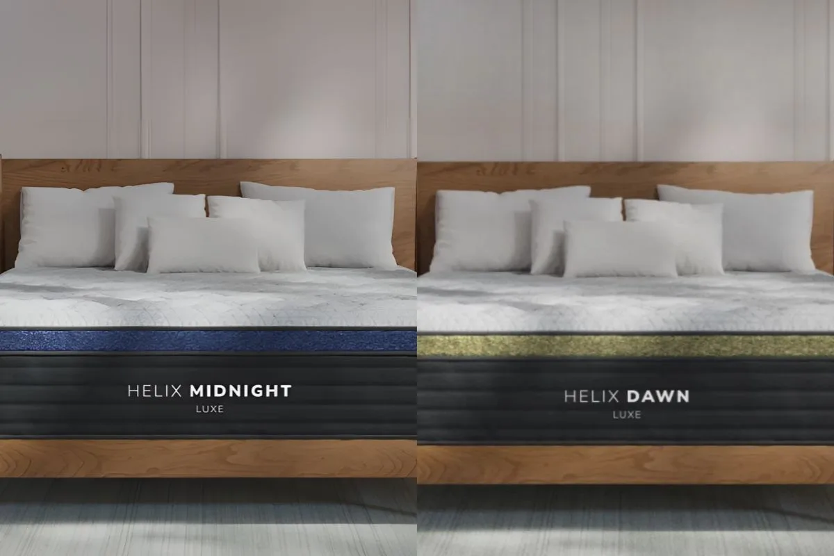 Side-by-side comparison of the Helix Midnight Luxe and Helix Dawn Luxe mattresses highlighting key design differences