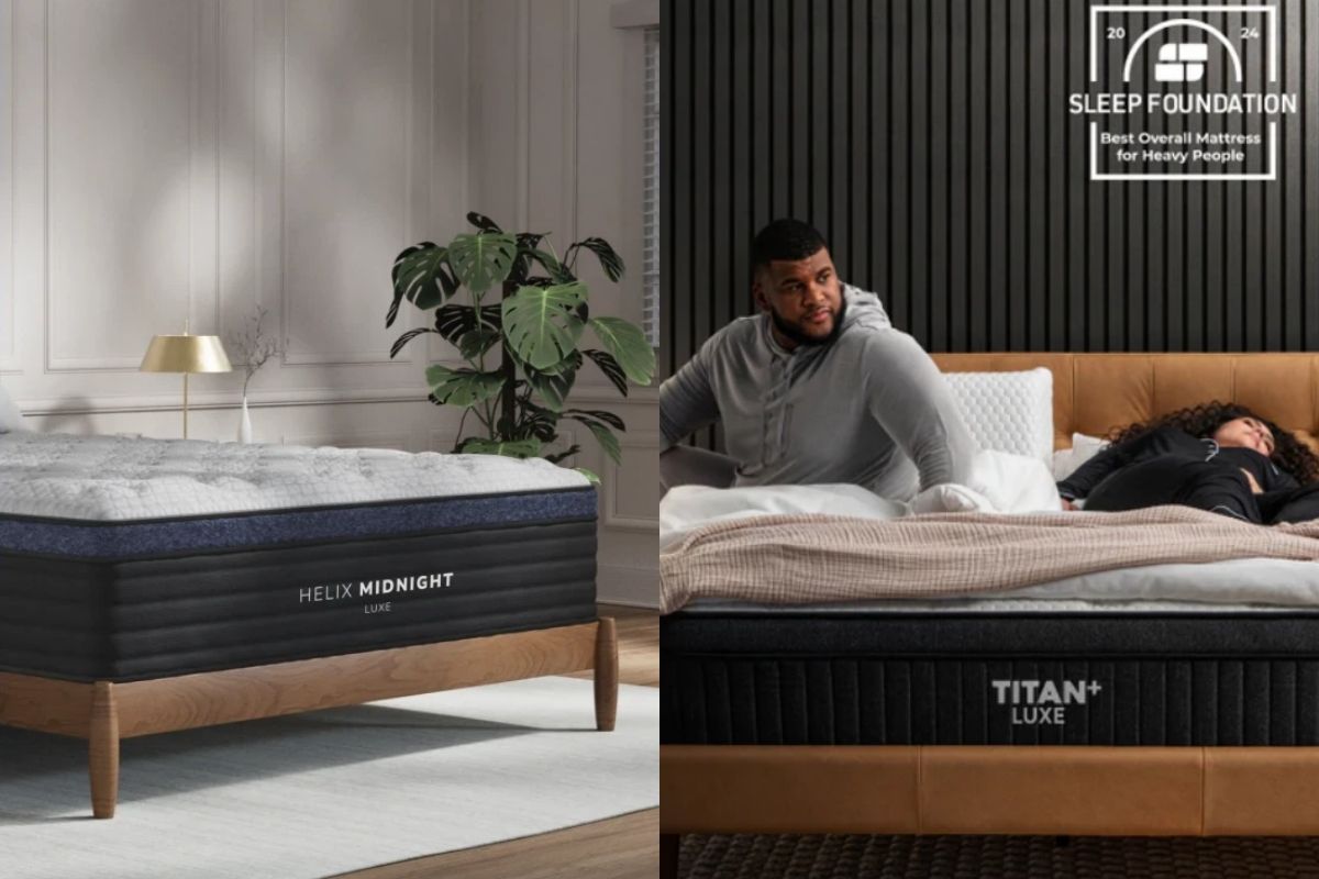 A side by side image of Helix Midnight Luxe and Titan Plus Luxe with a Sleep Foundation: Best Overall Mattress for Heavy People Accolade.