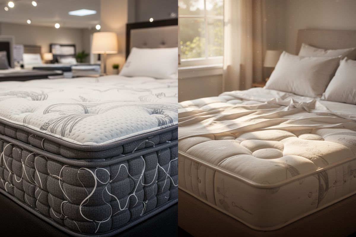 Is a Spring Mattress Good for Sex? Comparison of two spring mattress styles, showing different comfort layers and support systems that can affect performance for couples