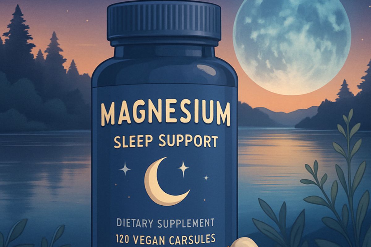 Magnesium sleep support supplement displayed under a moonlit sky, illustrating the connection between magnesium and better sleep.