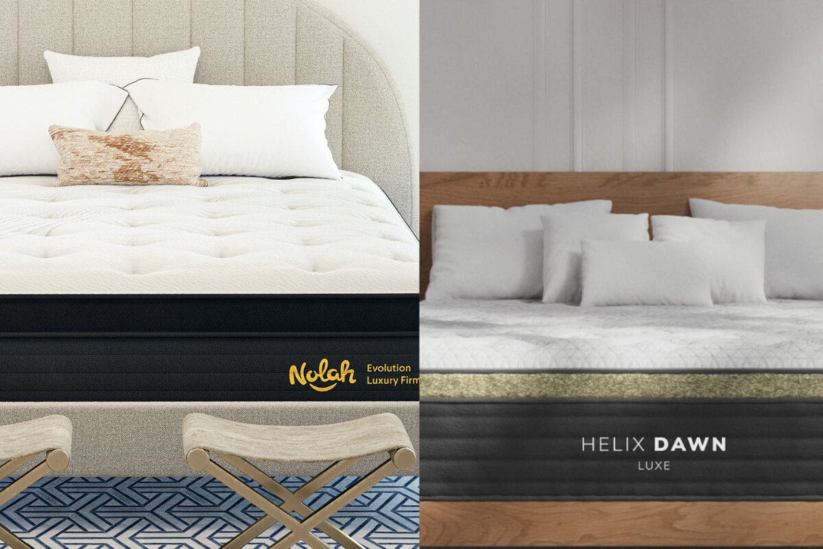 nolah evolution 15 vs helix dawn luxe mattress comparison side by side in bedroom settings