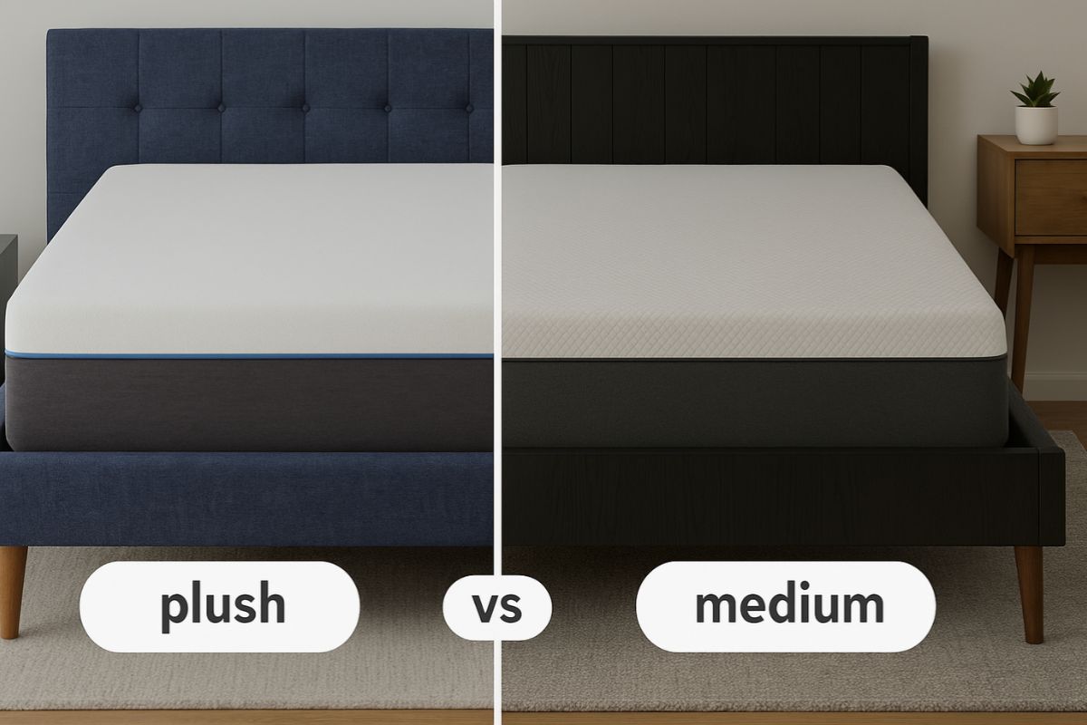Side-by-side comparison of plush and medium mattresses, highlighting the differences in comfort, cushioning, and overall firmness feel.