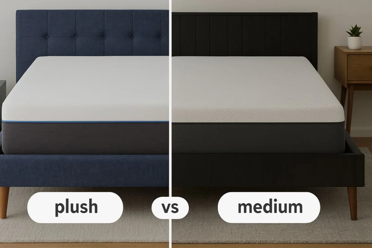Side-by-side comparison of plush and medium mattresses, highlighting the differences in comfort, cushioning, and overall firmness feel.