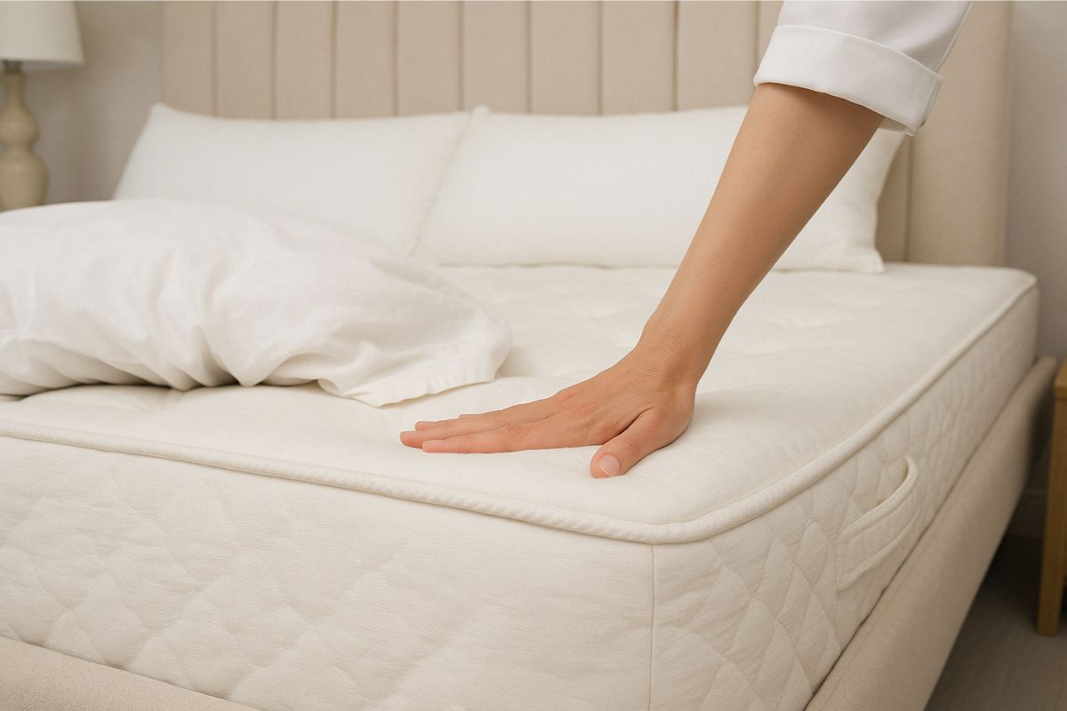 Hand pressing into a plush mattress surface to demonstrate the soft, cushioned feel associated with plush mattress firmness.