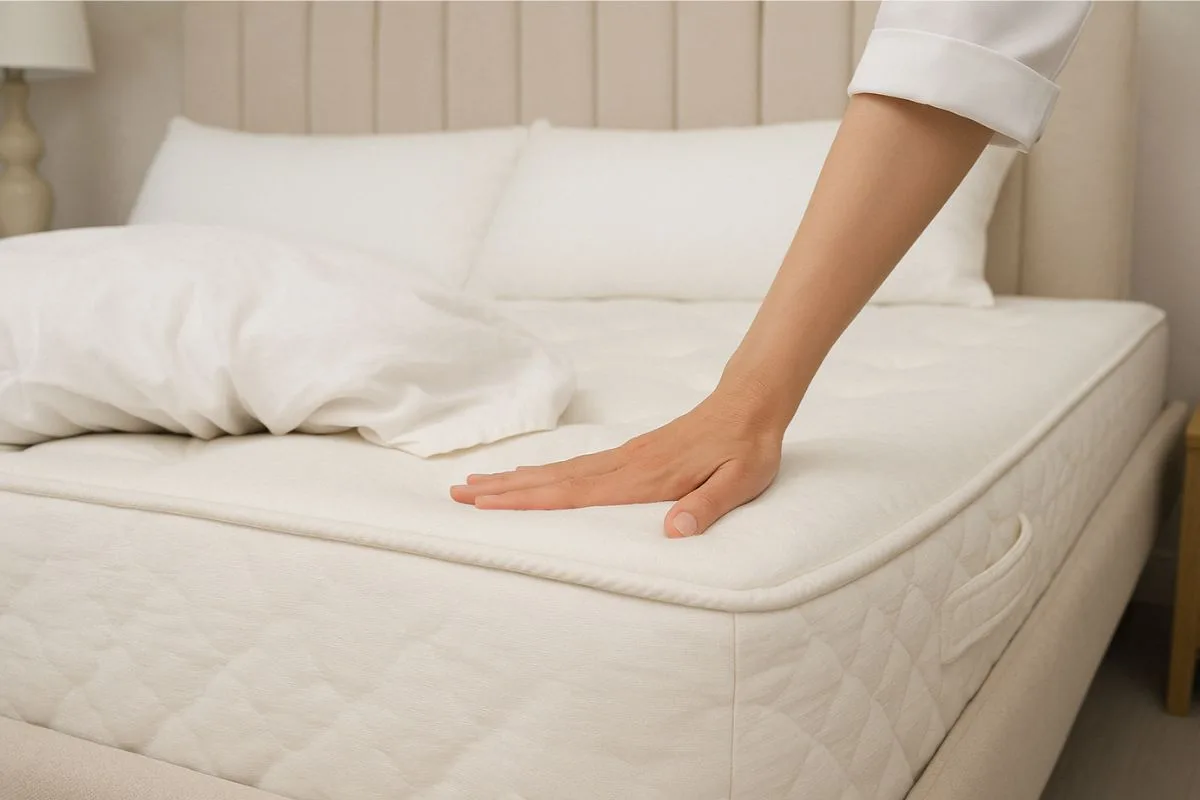 Hand pressing into a plush mattress surface to demonstrate the soft, cushioned feel associated with plush mattress firmness.