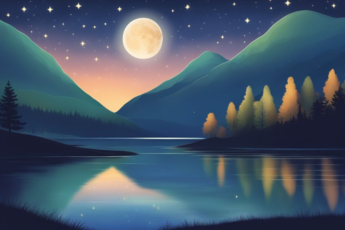 Moonlit mountain landscape reflecting on a calm lake, illustrating the natural conditions that help support healthy sleep cycles