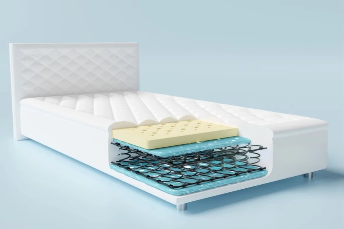 What Is the Best Firmness for a Back Sleeper? Cutaway view of a hybrid mattress showing foam comfort layers and support coils, illustrating the ideal mattress construction for back sleepers