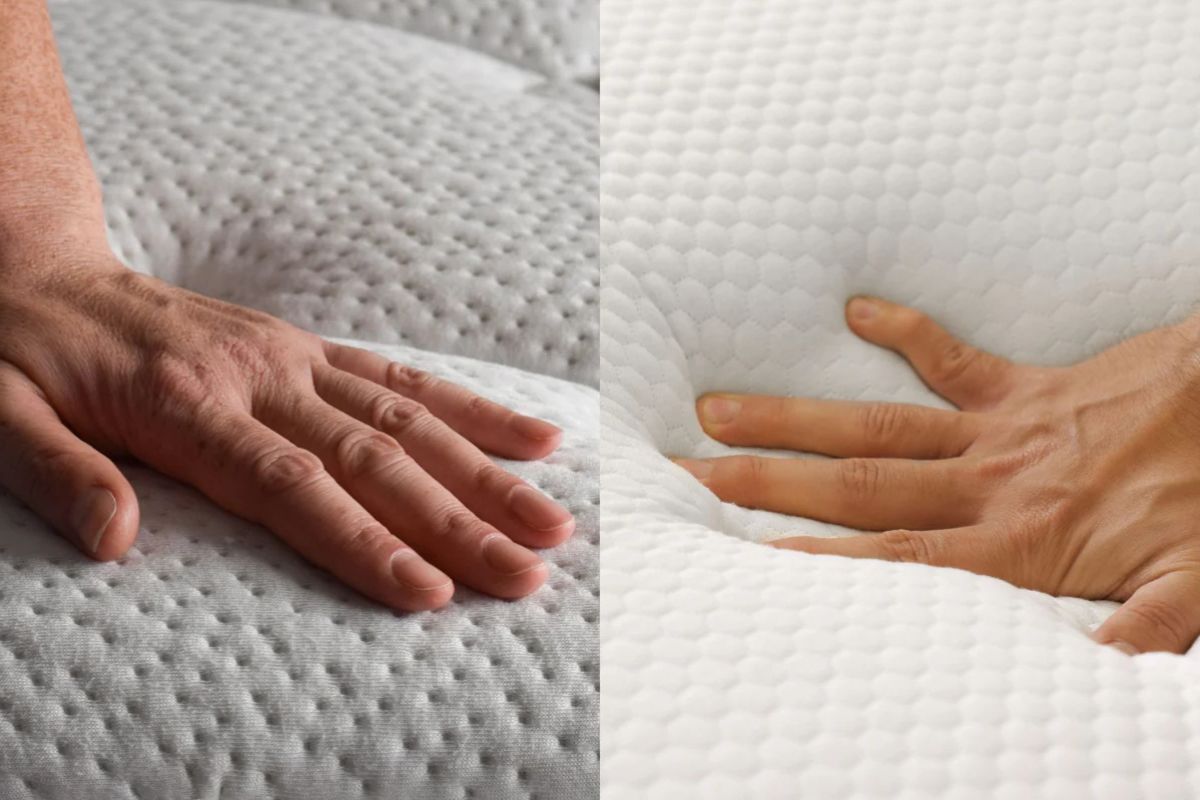Side-by-side comparison showing hand pressure on firm and extra firm mattress surfaces to illustrate differences in sinkage and feel.