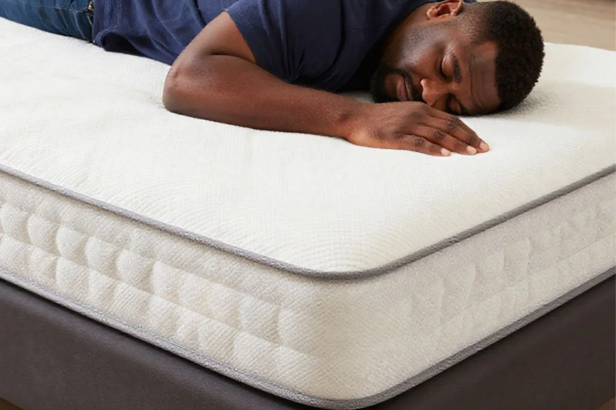 What Should Heavy People Be Aware of When Buying a Mattress? Heavy sleeper lying on a mattress to evaluate comfort and support, demonstrating how mattress materials respond to increased body weight