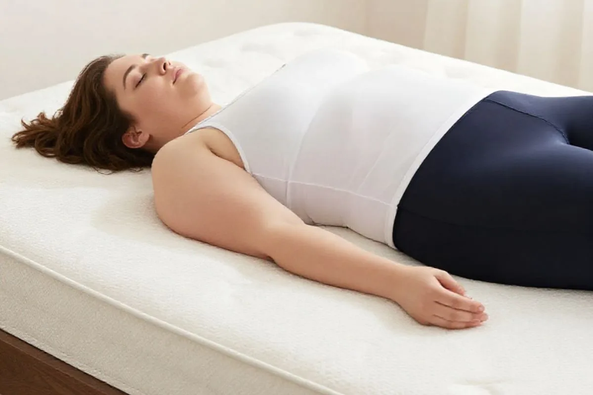 What Should Heavy People Be Aware of When Buying a Mattress? Plus-size woman resting on a mattress, showing how proper spinal alignment and pressure distribution affect sleep comfort for heavier individuals