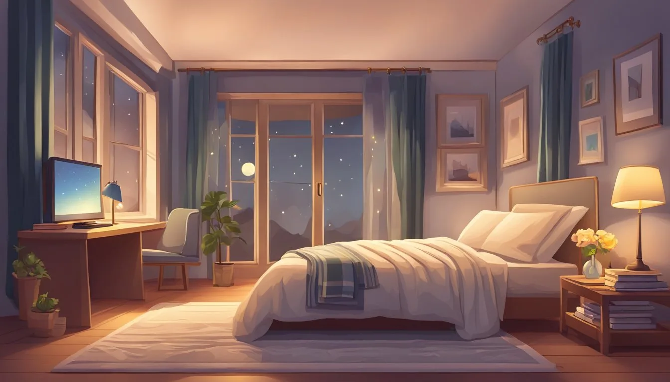 Cozy bedroom with a computer turned off at night illustrating a calming bedtime routine for better sleep