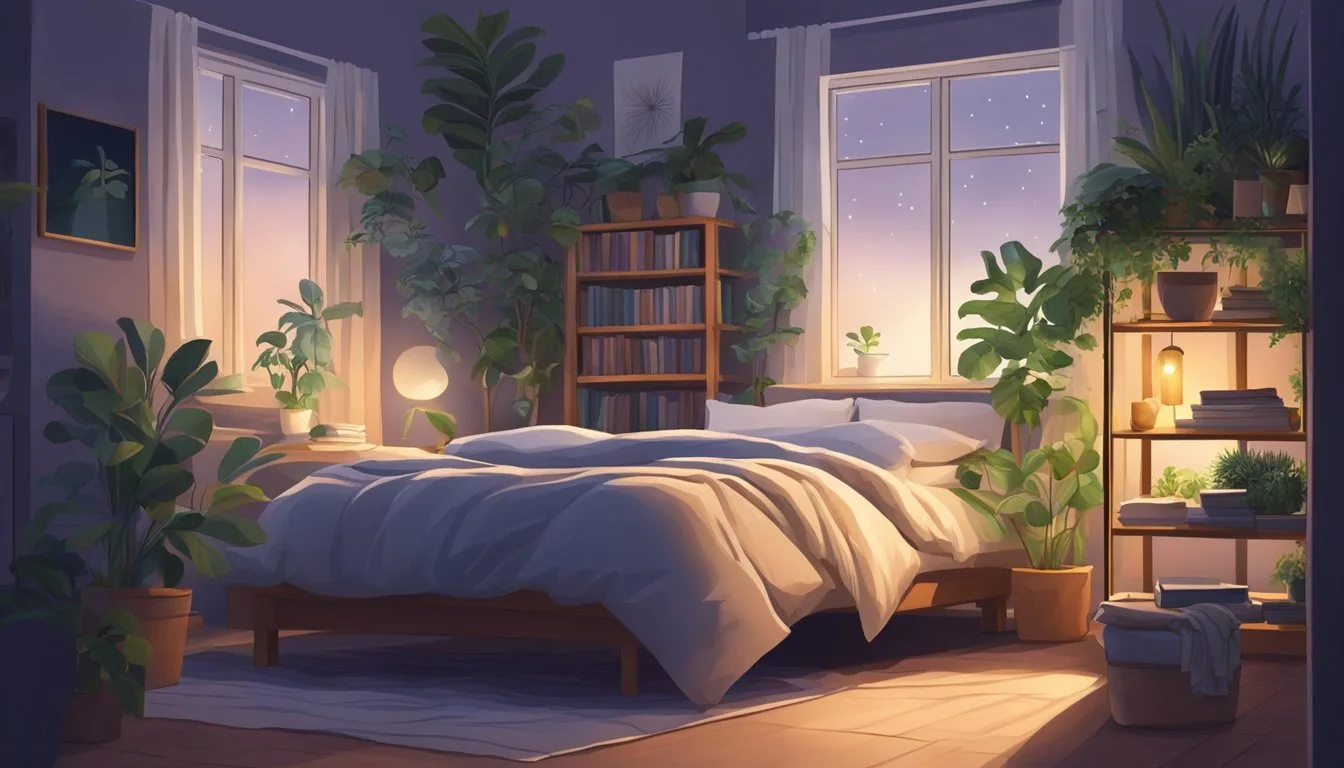 Peaceful bedroom with calming plants and soft lighting illustrating the benefits of creating a sleep-friendly environment