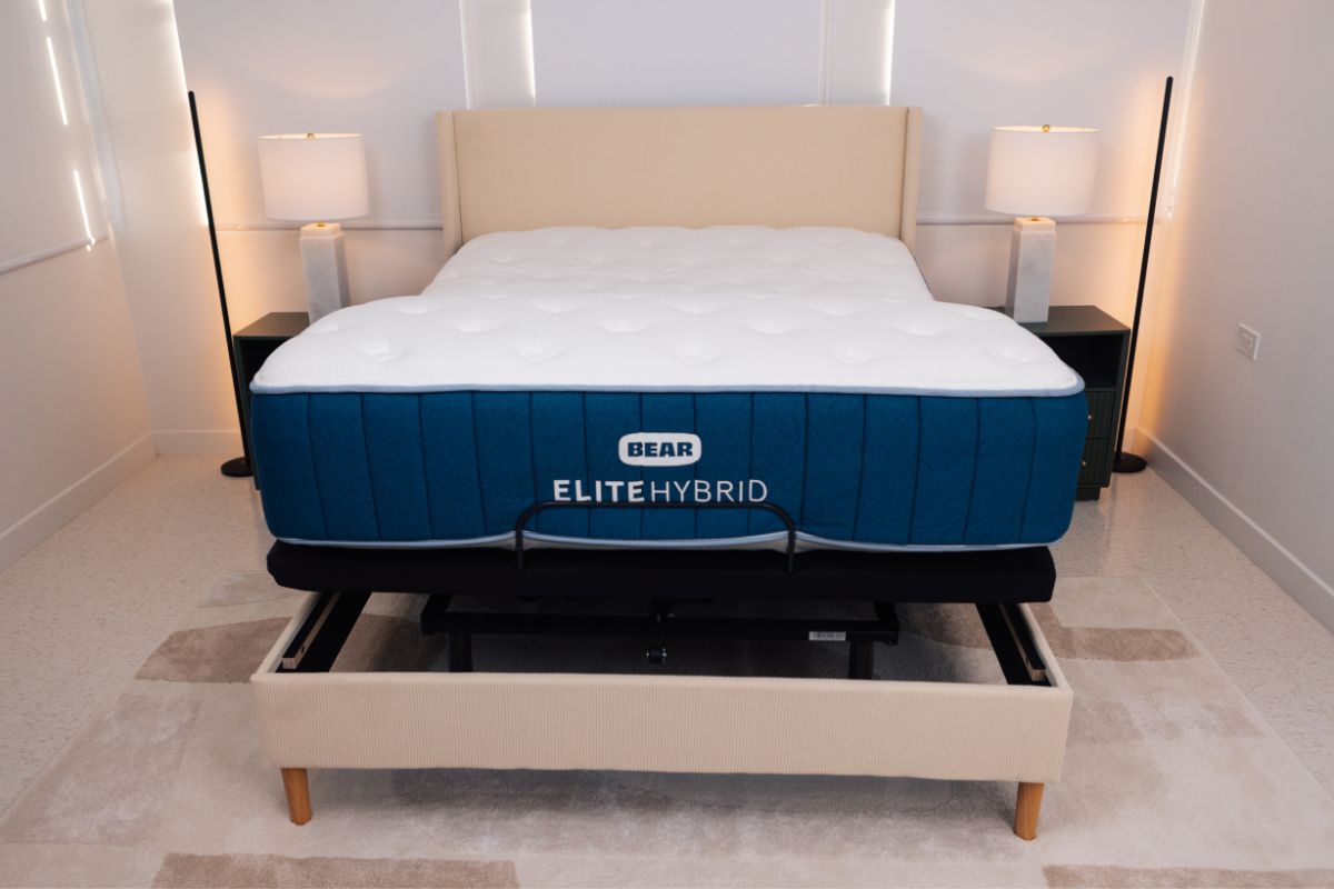 Bear Elite Hybrid mattress on an adjustable bed base showcasing pressure-relieving support and customizable comfort for people with hip pain
