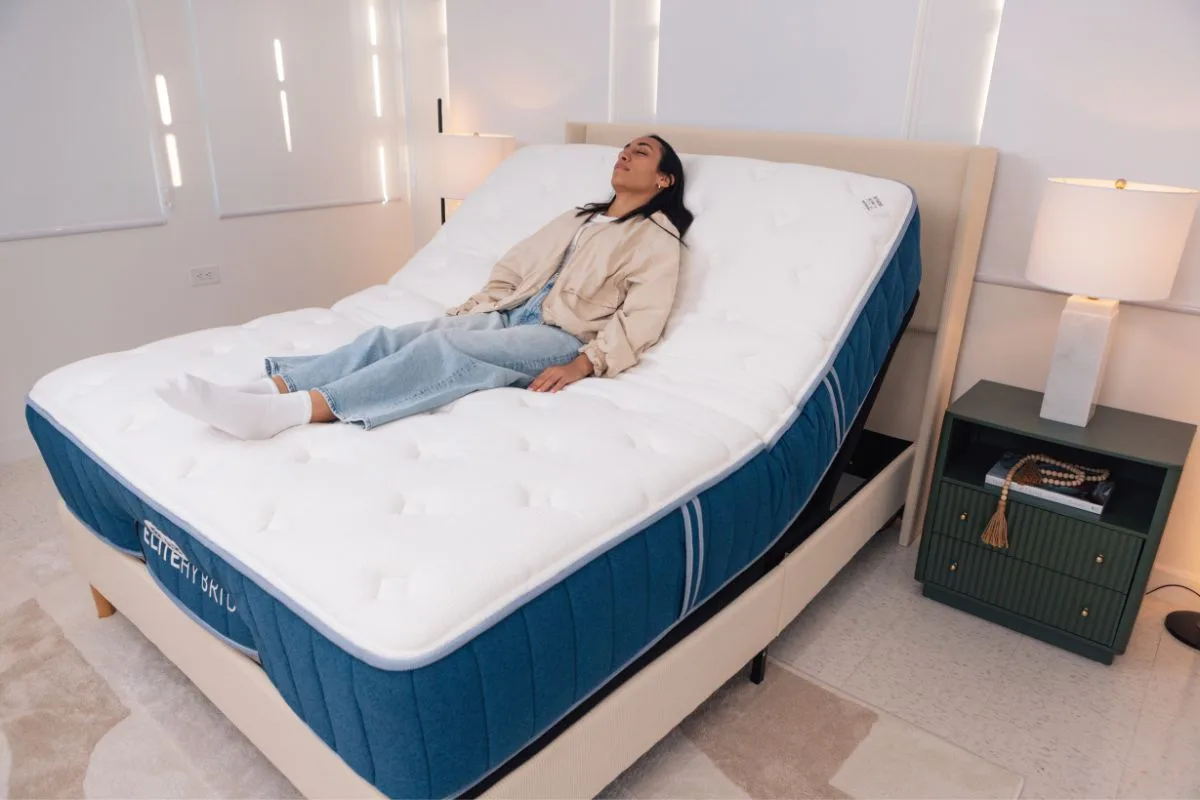 Bear Elite Hybrid mattress on an adjustable base providing plush comfort, pressure relief, and elevated support for a luxurious sleep experience