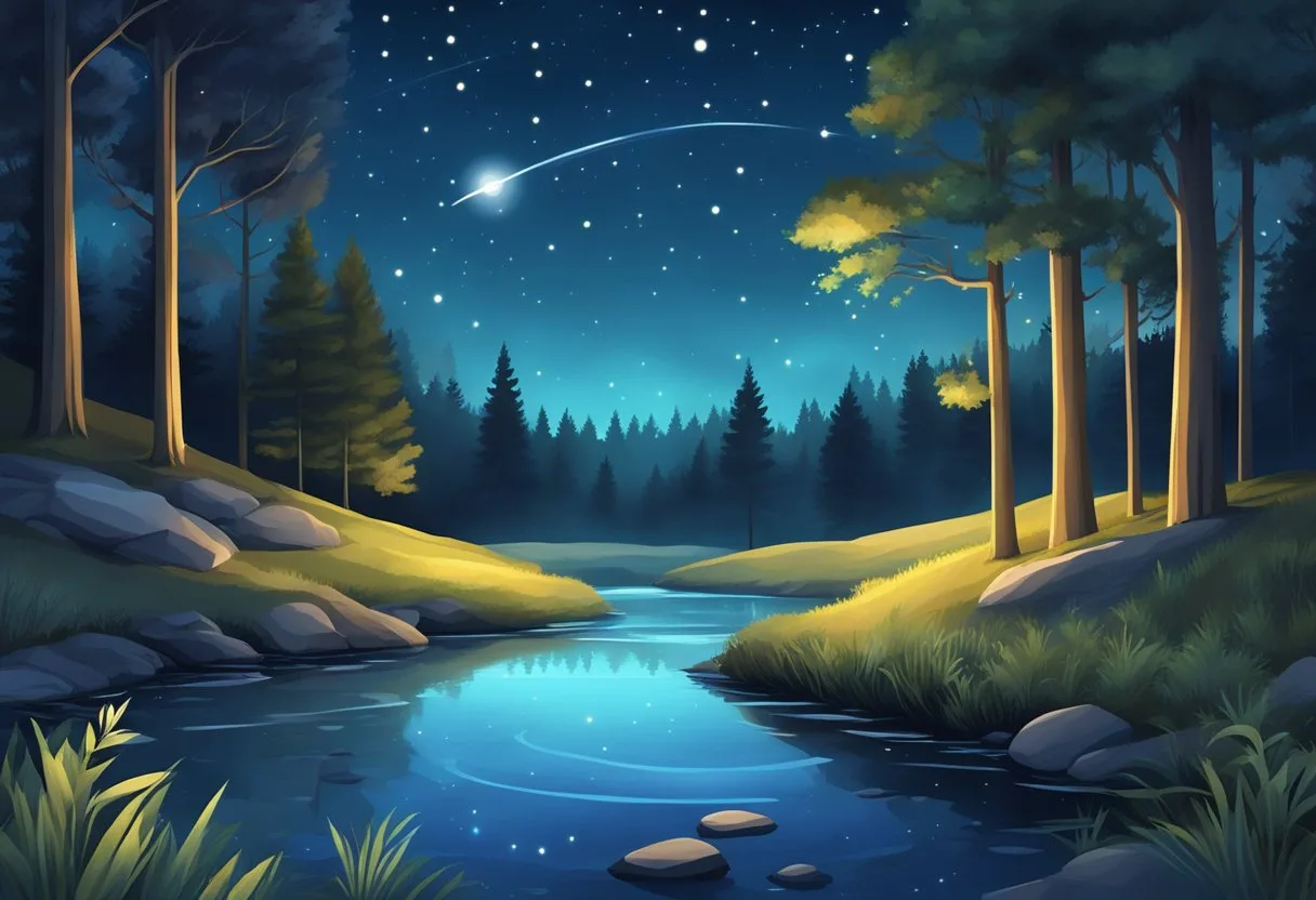 Peaceful forest stream at night representing calming nature sounds that help people fall asleep more easily