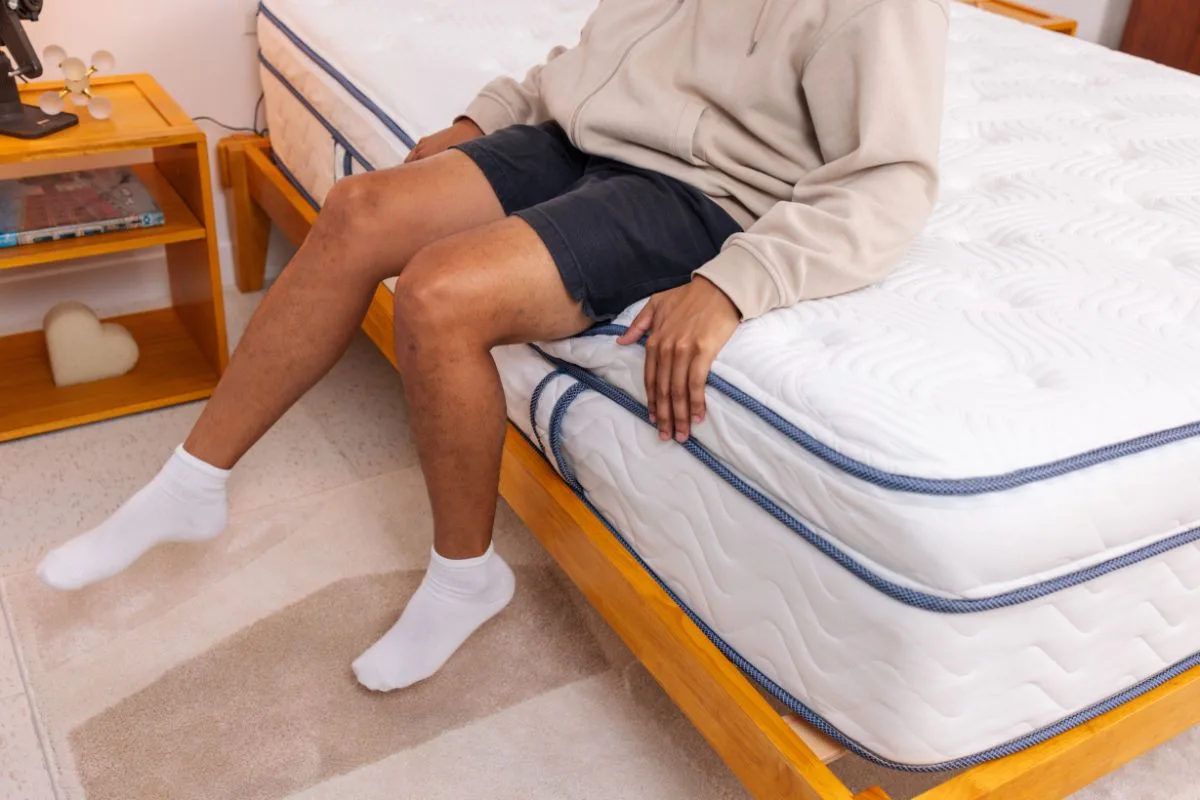 Reviewer sitting on the edge of the DLX LatexLux Hybrid mattress to assess edge support and comfort during the trial period