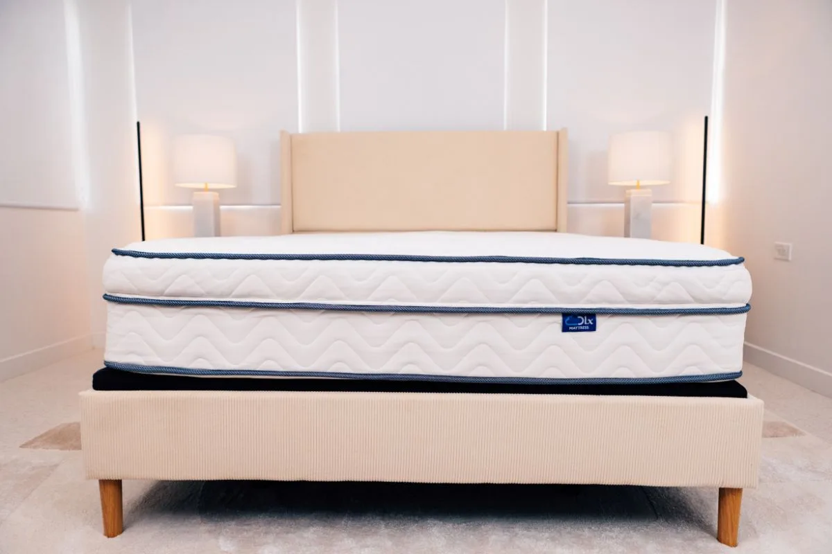 Front view of the DLX Premier Hybrid mattress highlighting its premium construction and overall design for customer evaluation