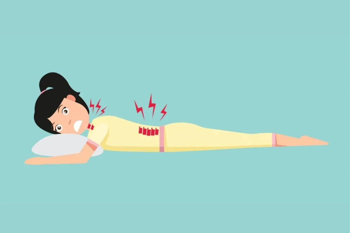 Do Stomach Sleepers Need a Soft or Firm Mattress? Illustration showing how sleeping on the stomach can create pressure on the neck and lower back without proper mattress support