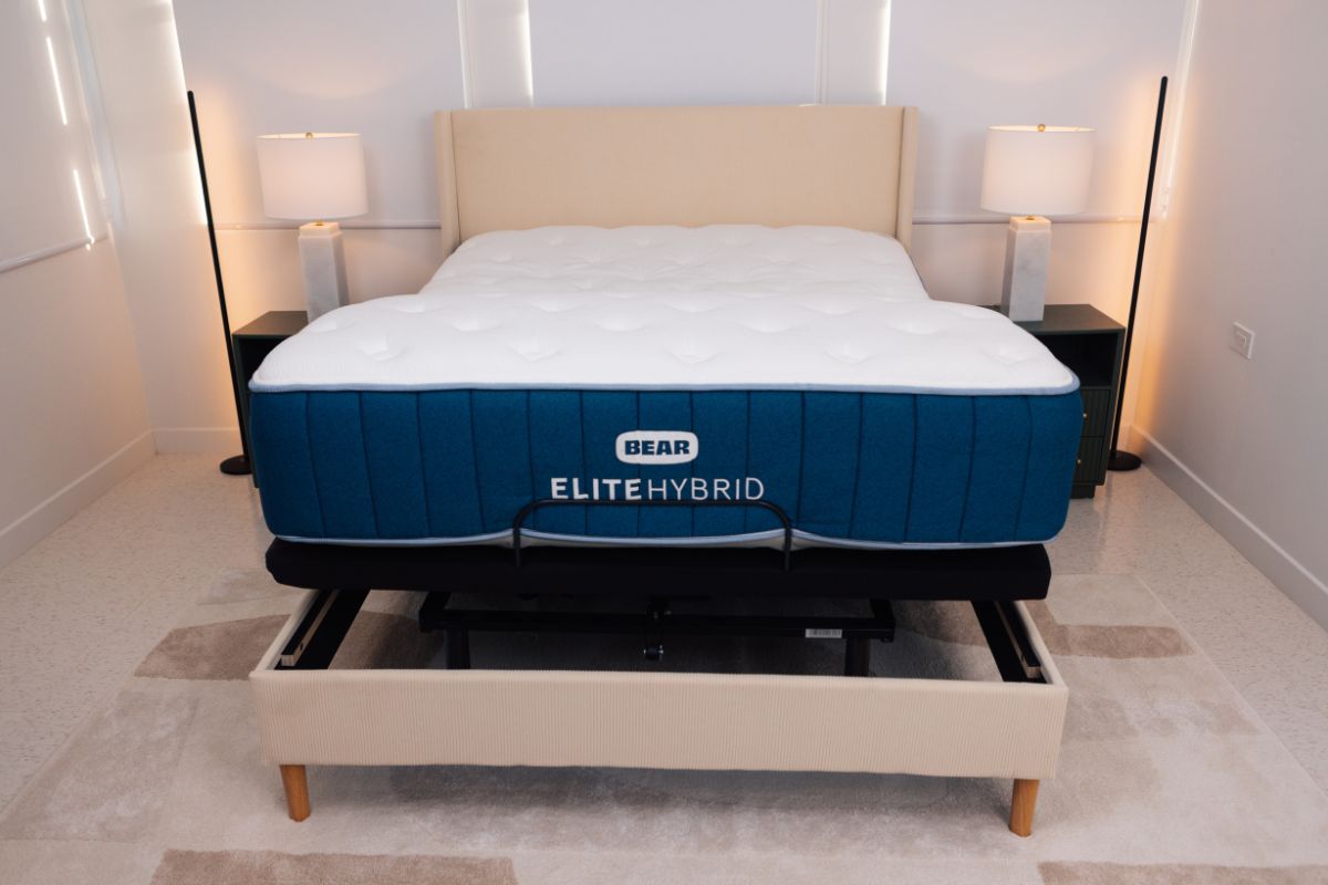 Bear Elite Hybrid mattress on an adjustable base demonstrating compatibility and support for adjustable bed frames in the Helix Midnight Luxe vs Bear Elite Hybrid comparison