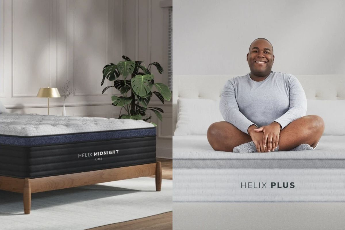 Helix Midnight Luxe vs Helix Plus 2 images of hybrid mattresses: Helix Midnight Luxe and Helix Plus with a man sitting on top of the mattress.