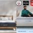 2 images of mattresses: The Helix Midnight Luxe and a man sitting on a Helix Plus.