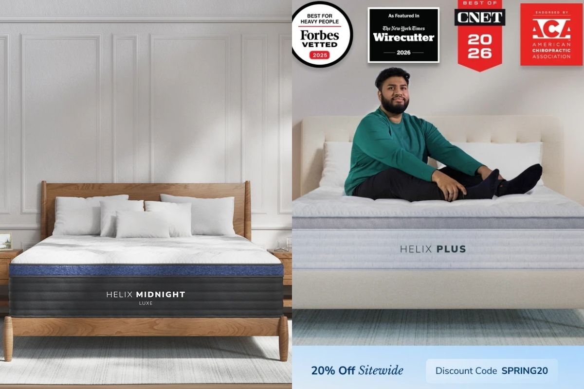 2 images of mattresses: The Helix Midnight Luxe and a man sitting on a Helix Plus.