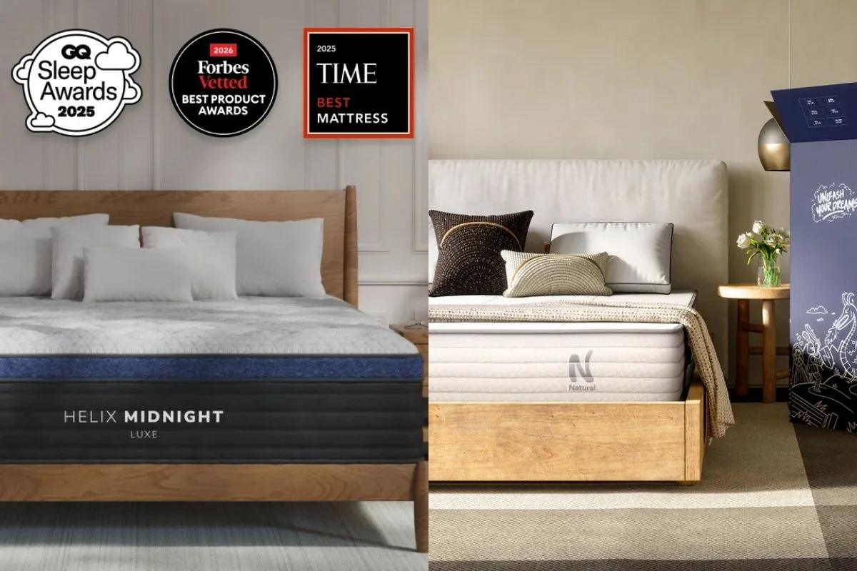 2 images of beds: Helix Midnight Luxe and Nolah Natural 11".