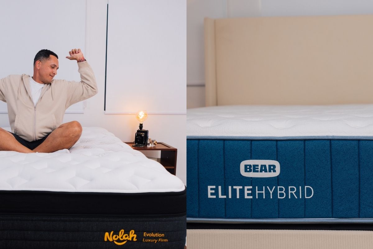 Side-by-side comparison of the Nolah Evolution 15 and Bear Elite Hybrid mattresses highlighting their design, profile, and overall appearance for shoppers comparing both models
