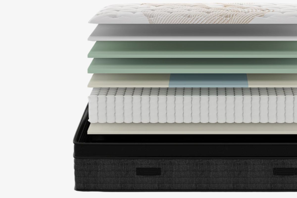 Exploded view of the Nolah Evolution Comfort+ mattress layers highlighting the premium materials and support system for a safe, durable sleep surface