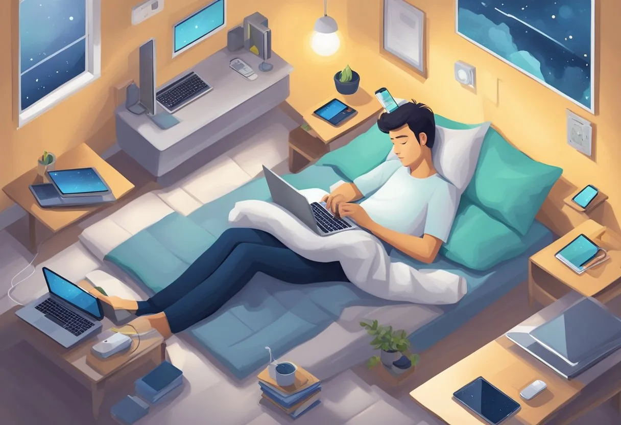 Person using a laptop in bed surrounded by electronic devices to illustrate the effects of screen time before sleep
