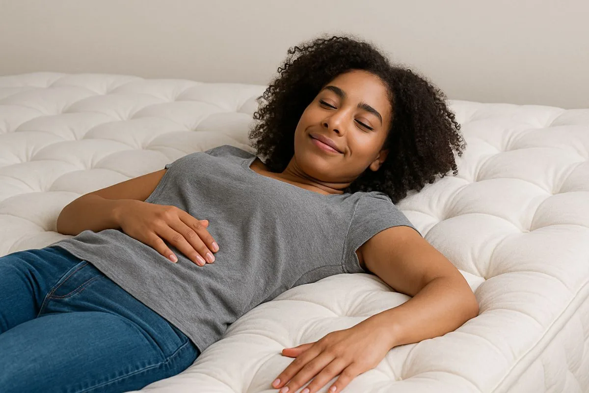 Person relaxing on an ultra plush mattress to demonstrate its soft, cushioned comfort and pressure relief