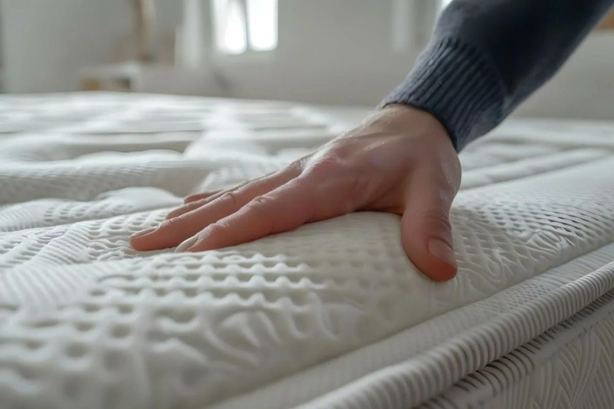 What Should Combination Sleepers Sleep On? Close-up of a hand pressing a mattress surface to demonstrate the responsive comfort and pressure relief ideal for combination sleepers